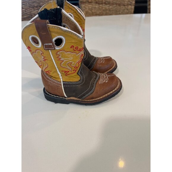 John Davis Toddler Cowboy Boots Brown & Yellow Leather Western Style Size 5 - Picture 3 of 6